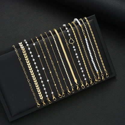 16pcs Minimalist Heart Pearl Rhinestone Snake Chain Bracelet Set for Women Elegant Gold Color Dates Vacations Daily Wear Jewelry
