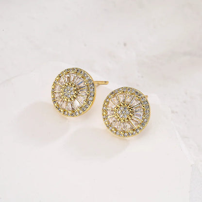 NEWBUY Luxury AAA Cubic Zirconia Pave Setting Copper Jewelry Gold Color Round Stud Earrings For Women Girl
