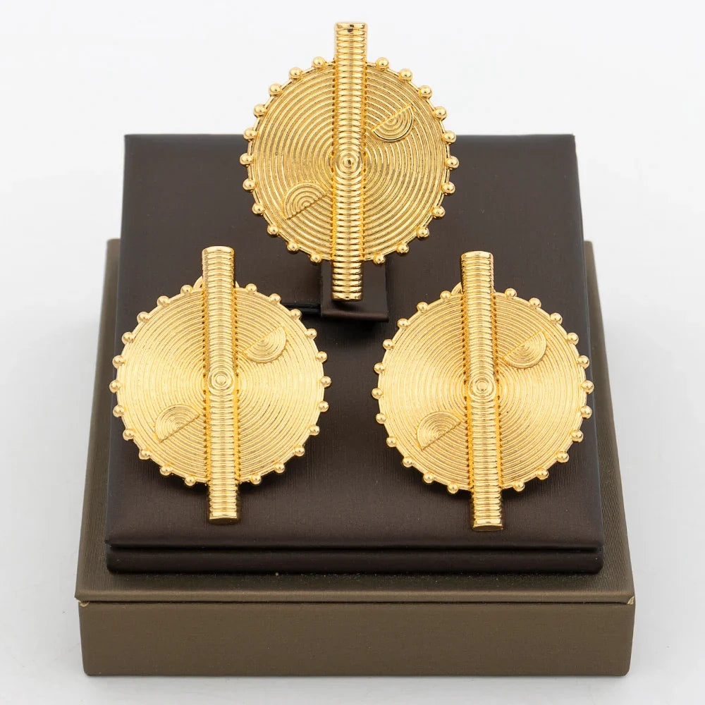 New Design Earrings Jewelry Set for Women Fashion 18k Gold Plated Copper Resizable Ring and Earrings for Dubai Retro Jewelry