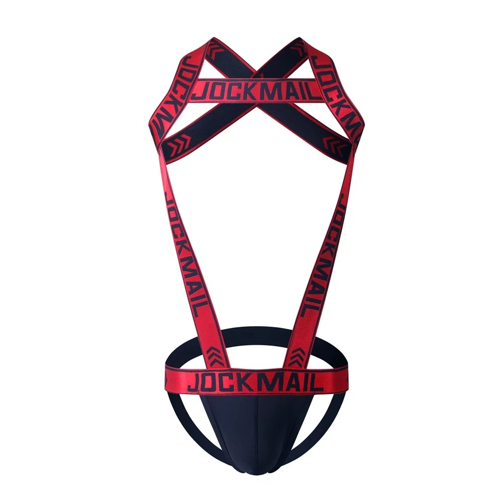Sexy Lingerie Men's Harness Chest Bodysuit Hollow Out One-piece Jockstrap Leotard Contrast Color Bulge Pouch Bodysuit Underwear