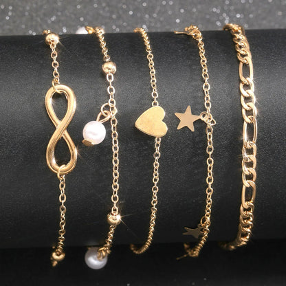 5Pcs Retro Multilayer Tassel Anklet Set for Women Bohemia Vintage Pearl Butterfly Star Heart Pendant Foot Bracelet Beach Jewelry