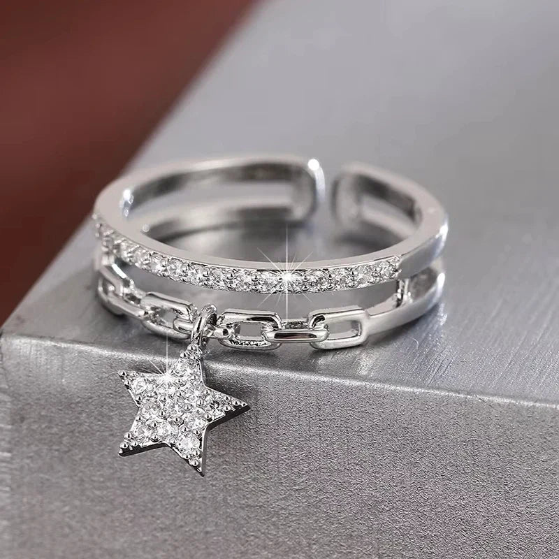 Shinny Rhinestone Gold Color Chain Star Pendant Open Rings Korean Style Woman Fashion Jewelry Wedding Party Girl's Trendy Ring