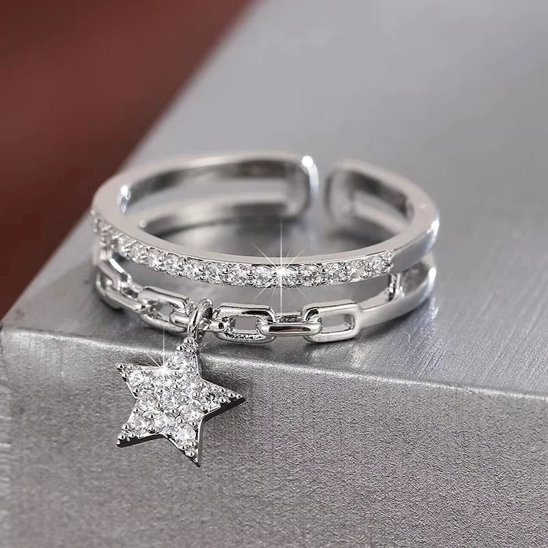 Exquisite Double-layer Design Women's Opening Ring Synthetic Zirconia Adjustable Ring with Star Pendant