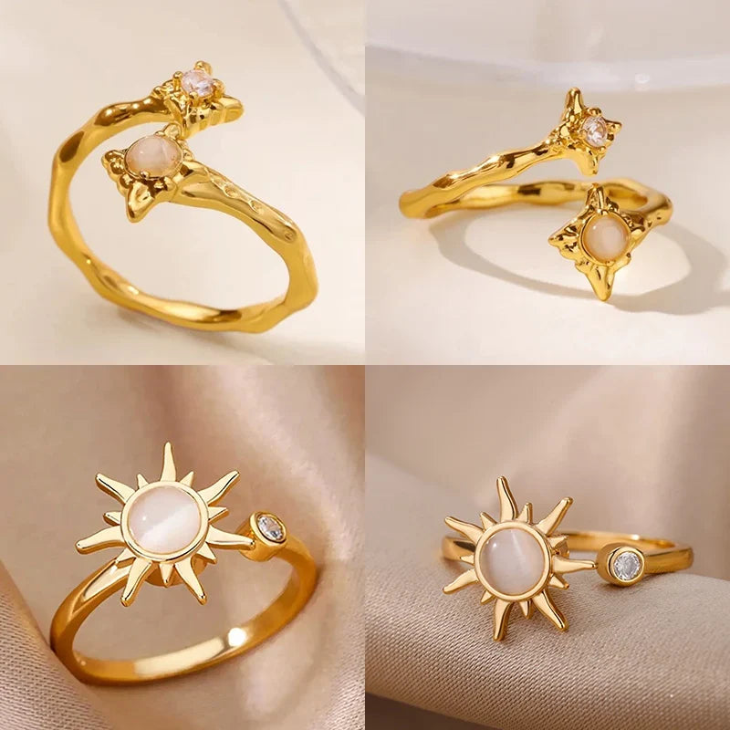 Zircon Flower Rings For Women Gold Color Double Flower Adjustable Stainless Steel Ring Wedding Party Christmas Jewelry Gift