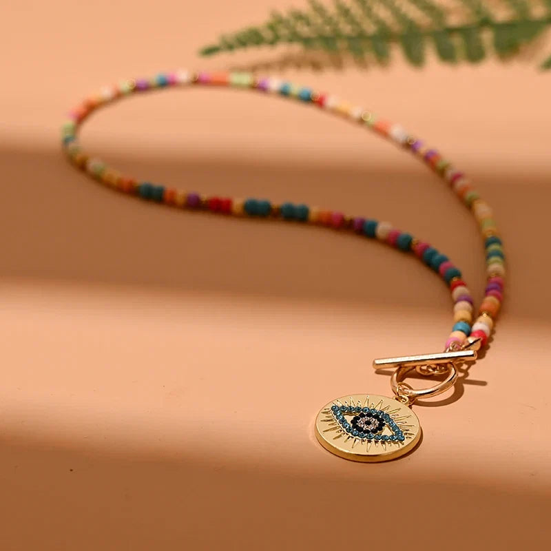 Colorful Stone Choker Necklace | Round Evil Charm Pendant for Women