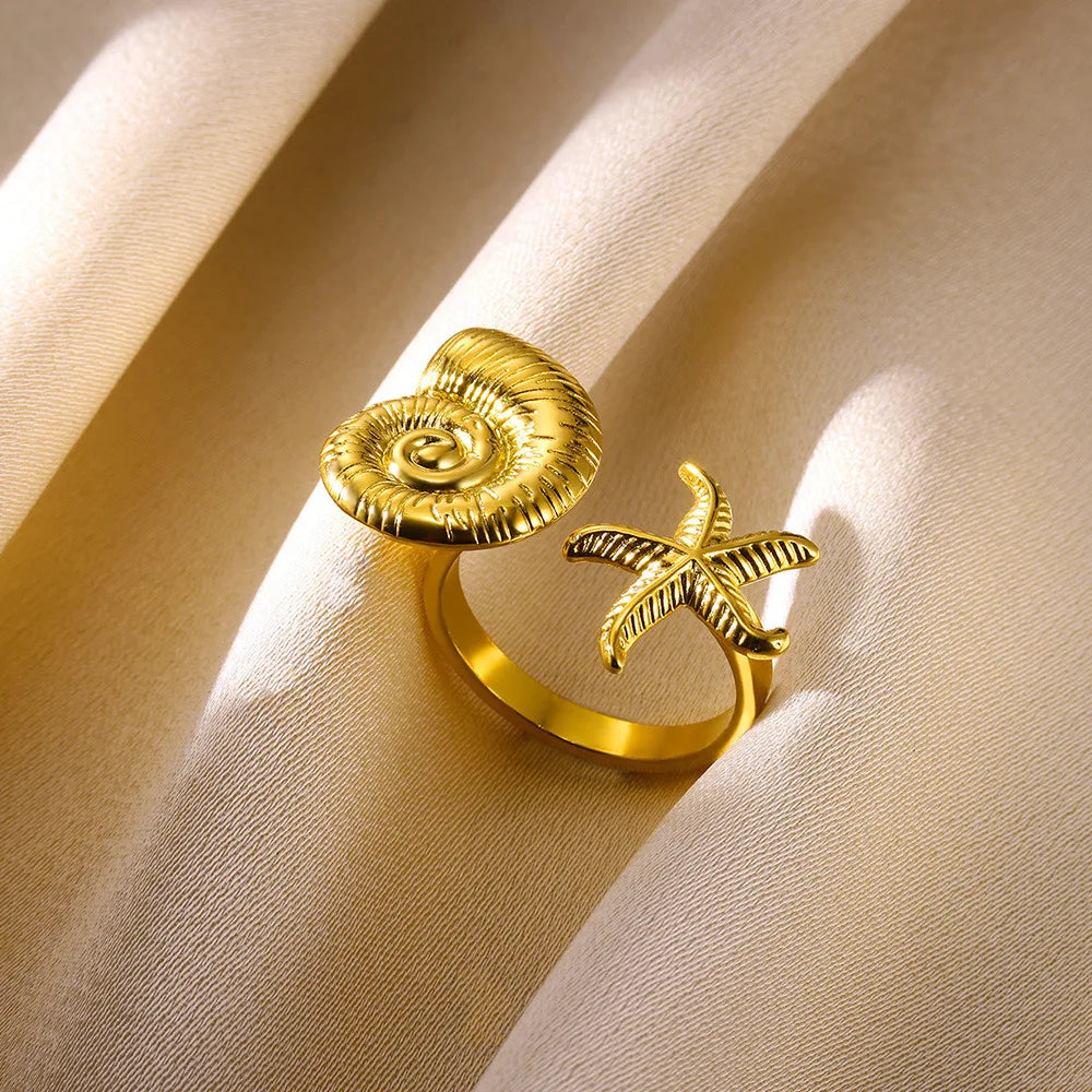 Starfish Shell Stainless Steel Open Rings For Women Fashion Gold Color Finger Ring Trendy Summer Beach Vacation Ocean Jewelry