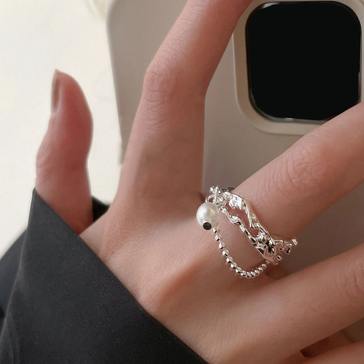 PANJBJ 925 Sterling Silver Pearl Irregular Ring | Women Shell Overlapping Hollow Sweet Design Jewelry