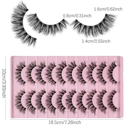 10 Pairs Natural Fluffy False Eyelashes Wispy Lashes | 3D Volume Strip Lashes D Curl Fake Eyelashes with Clear Band