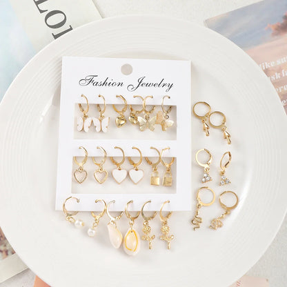 9 Pairs/ Set Exquisite Butterfly Heart Dragonfly Design Dangle Earrings Simple Vacation Style Delicate Holiday Earrings