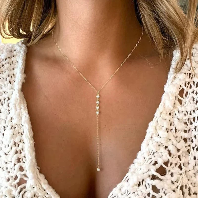 Y2K Simple Zircon Long Tassel Chain Necklaces for Women Metal Geometric Bead Choker Necklace Women's Jewelry