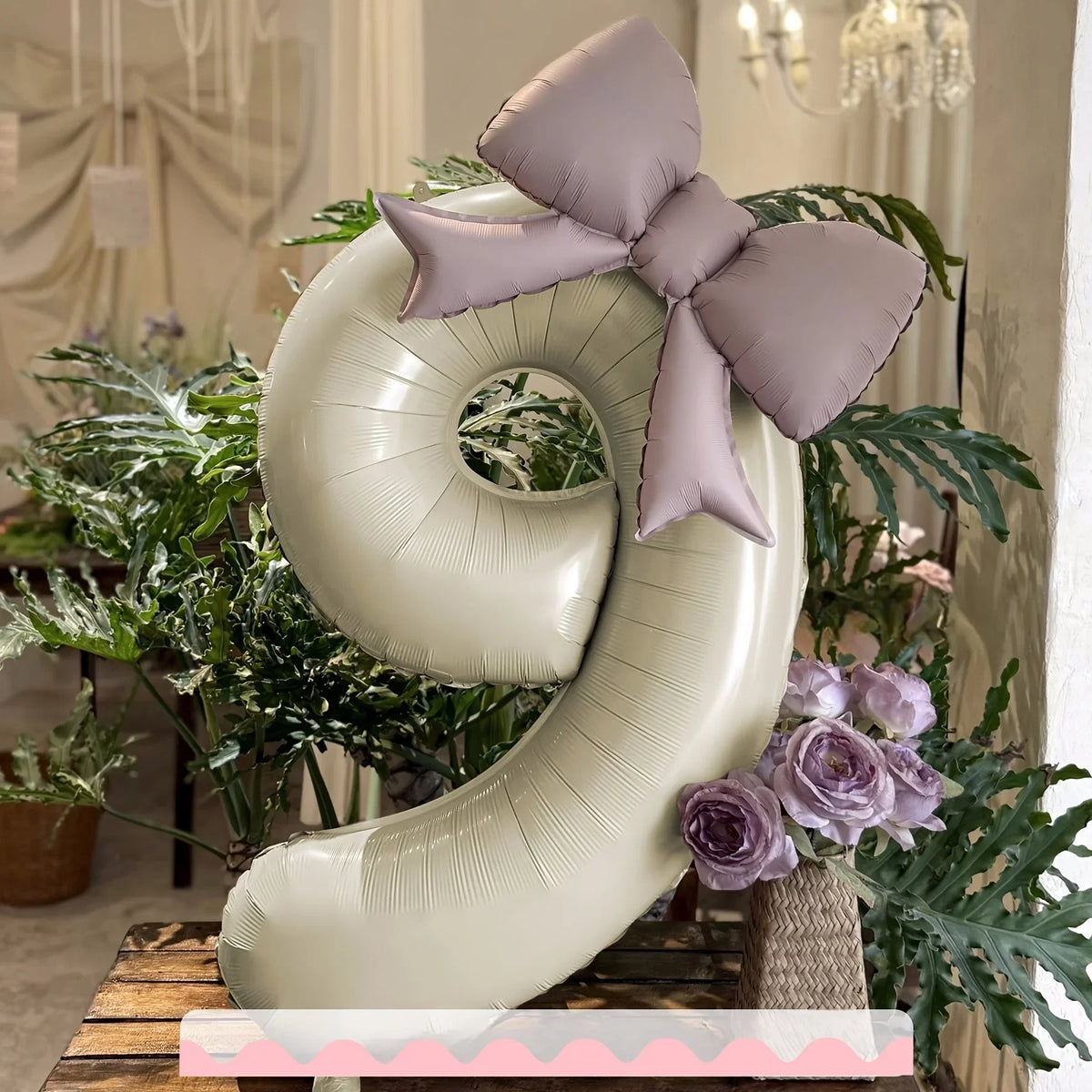 2 Pcs 32 Inch Cream Digital Balloon Set with Pink Bow | Aluminum Foil Party Decor