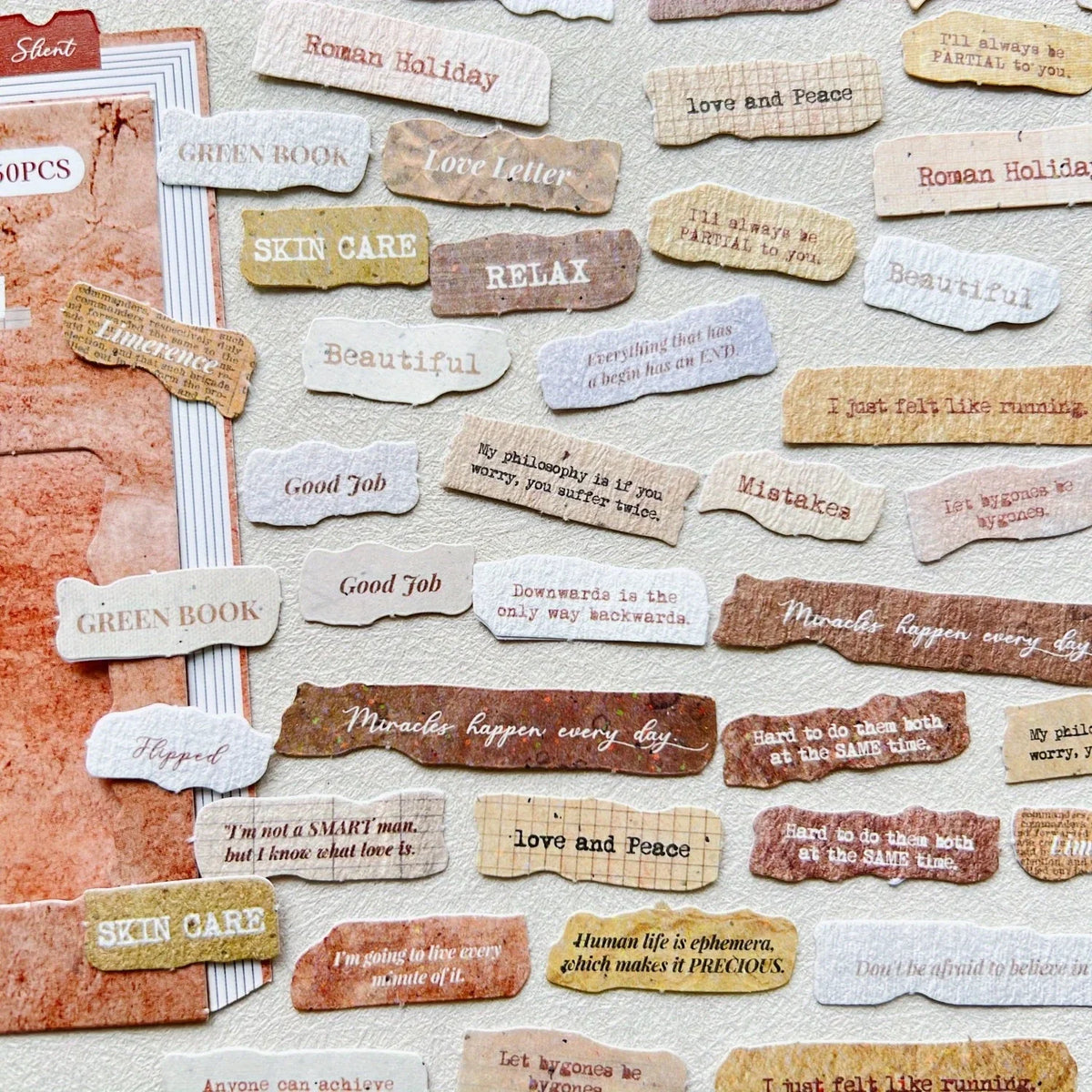 50 Pcs English Label Sticker Package | Junk Journal Scrapbook Embellishment Kit