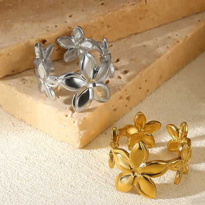 Unique Design Flower  Rings For Women Geometric Stainless Steel Flower Opening Ring Gold Color Jewelry Gift Anillos