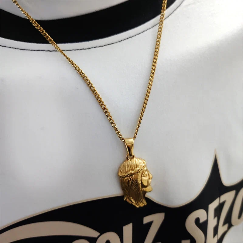 Hip - Hop Stainless Steel 18K Gold Plated Jesus Head Pendant Necklace Waterproof Jewelry For Ideal Men's Gift