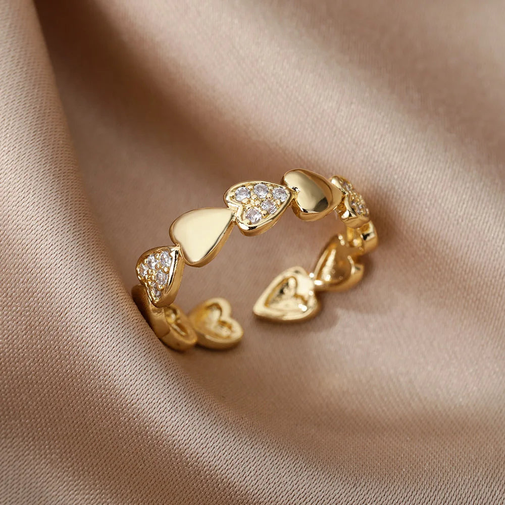 Zircon Heart Rings For Women Stainless Steel Gold Color Adjustable Open Finger Ring Wedding Aesthetic Jewelry Gift 2024