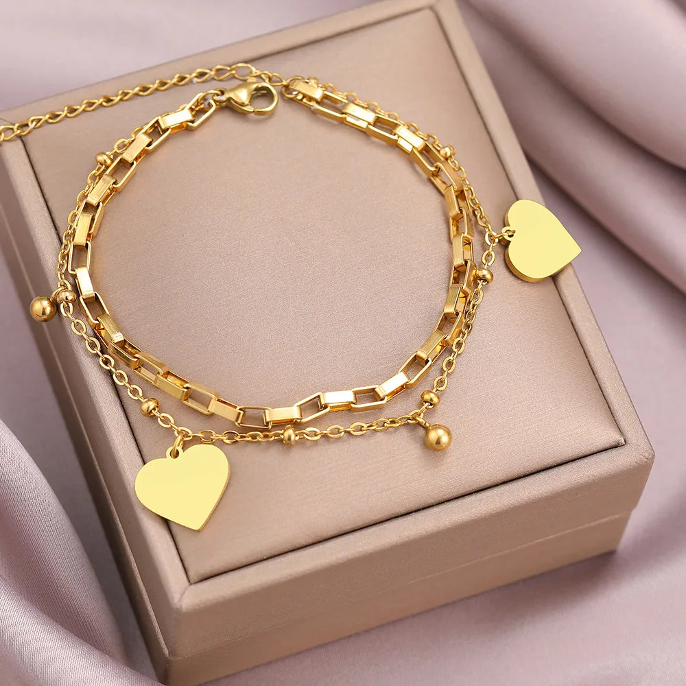 Fashion 316L Stainless Steel Love Heart Bracelet for Women Tiny Gold-Plated Clavicle Chain Girl Wedding Party Charm Jewelry Gift