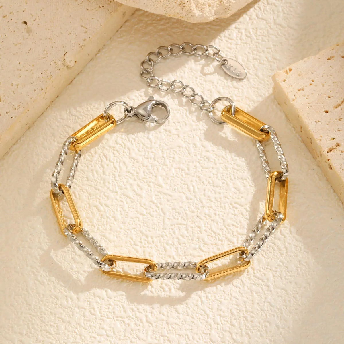 Two Tone Twist Link Paperclip Bracelet for Women, Chunky Stainless Steel Bracelet Adjustable Link, 18k Gold Plated Jewelry