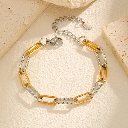 Two Tone Twist Link Paperclip Bracelet for Women, Chunky Stainless Steel Bracelet Adjustable Link, 18k Gold Plated Jewelry