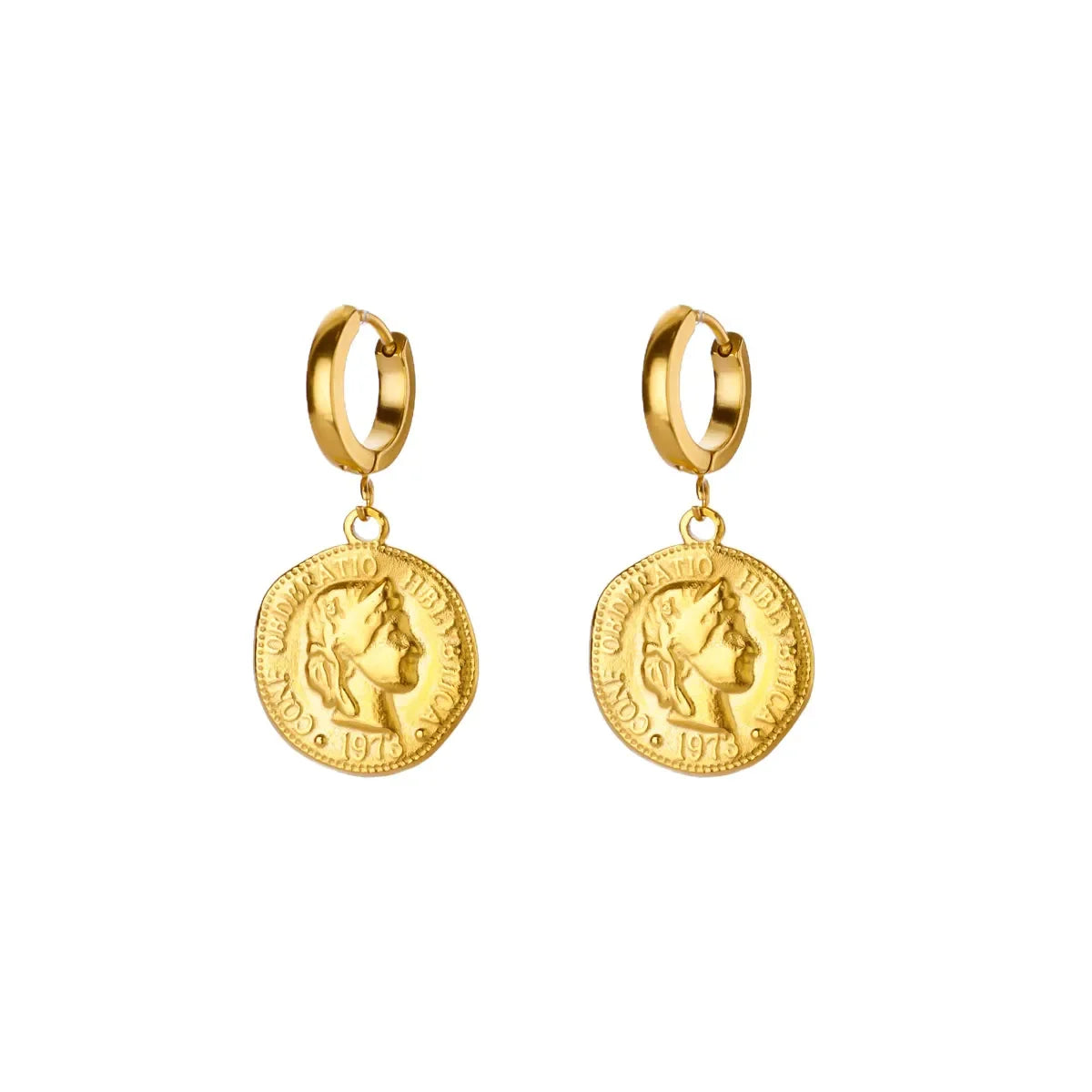 18K Gold Plated Portrait Coin Earrings | Stainless Steel Jesus Cross Dangle Huggie Earrings
