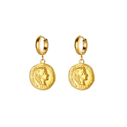 18K Gold Plated Portrait Coin Earrings | Stainless Steel Jesus Cross Dangle Huggie Earrings