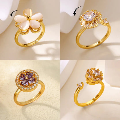 Luxury Zircon Rotable Flower Heart Rings For Women Stainless Steel Gold Color Open Ring 2025 New Fashion Wedding Couple Jewelry