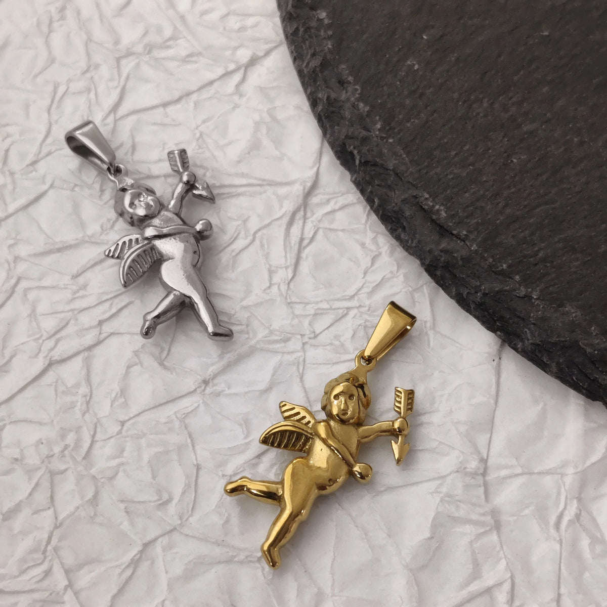 Vintage Stainless Steel Cupid Charm Pendant Necklace Waterproof 18K Gold Plated Necklace Unisex Jewelry Gift