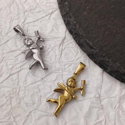Vintage Stainless Steel Cupid Charm Pendant Necklace Waterproof 18K Gold Plated Necklace Unisex Jewelry Gift