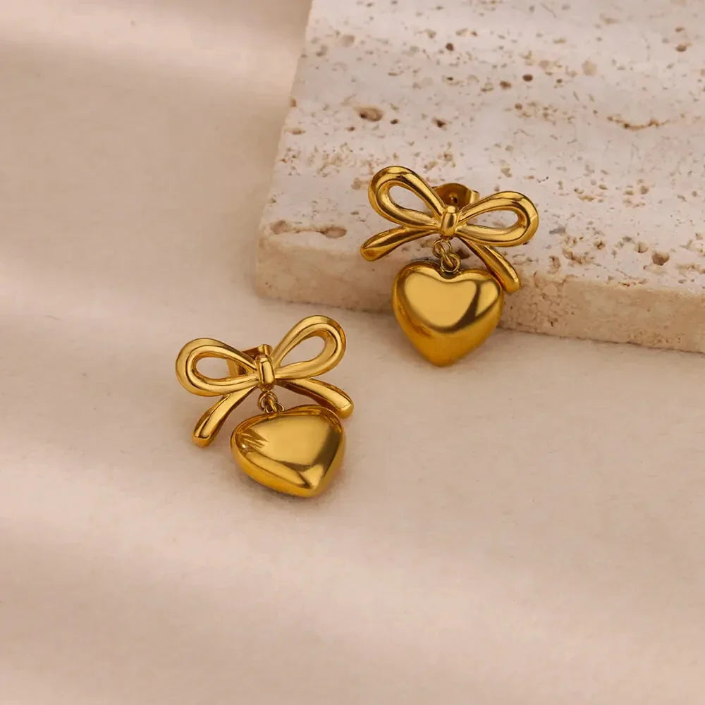 Cute Bow Heart Earrings for Women Stainless Steel Gold Color Heart Stud Earrings 2024 Trend Piercing Jewelry Wedding Party Gift