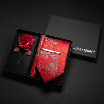 Wine red Men Tie Paisley Silk Tie Pocket Square Cufflink Luxury Gift Box Set Wedding Gravat Accessories Neck Tie For Men