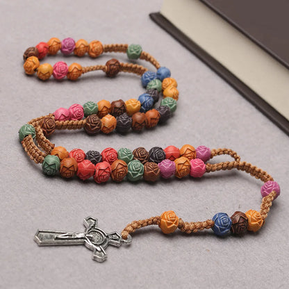 Christian Rose Beads Rosary Necklace For Women INRI Cross Crucifix Pendant Long Chain Female Fashion Religion Jewelry Gift