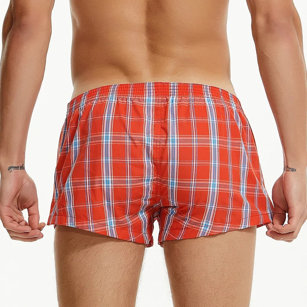 SEOBEAN MENS SEXY COTTON SHORTS HOME COMFORT CHECKERED FIT TRUNKS