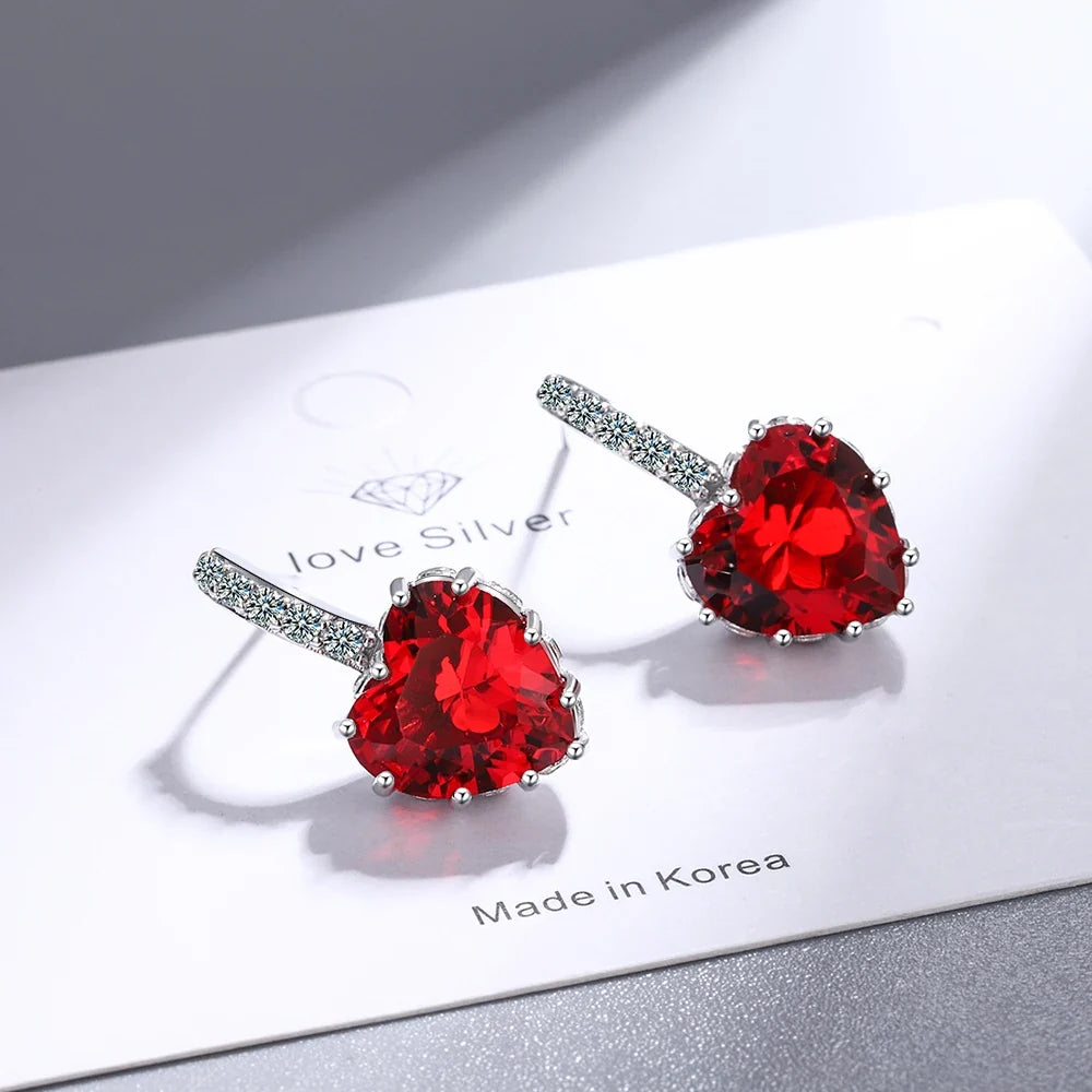 Natural Garnet Red Ruby Heart Stud Earrings | 925 Sterling Silver Jewelry for Women