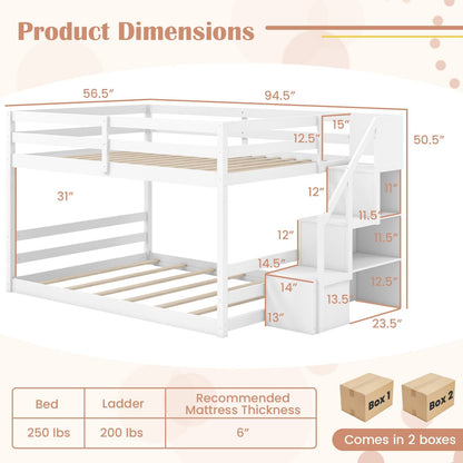 Solid Wood Full Over Full Low Bunk Bed with Storage Stairs