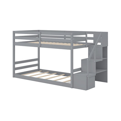 Solid Wood Twin Over Full Low Bunk Bed with Storage Stairs