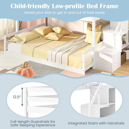Solid Wood Twin Over Full Low Bunk Bed with Storage Stairs