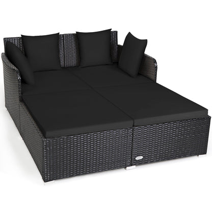Spacious Outdoor Rattan Daybed with Upholstered Cushions and Pillows