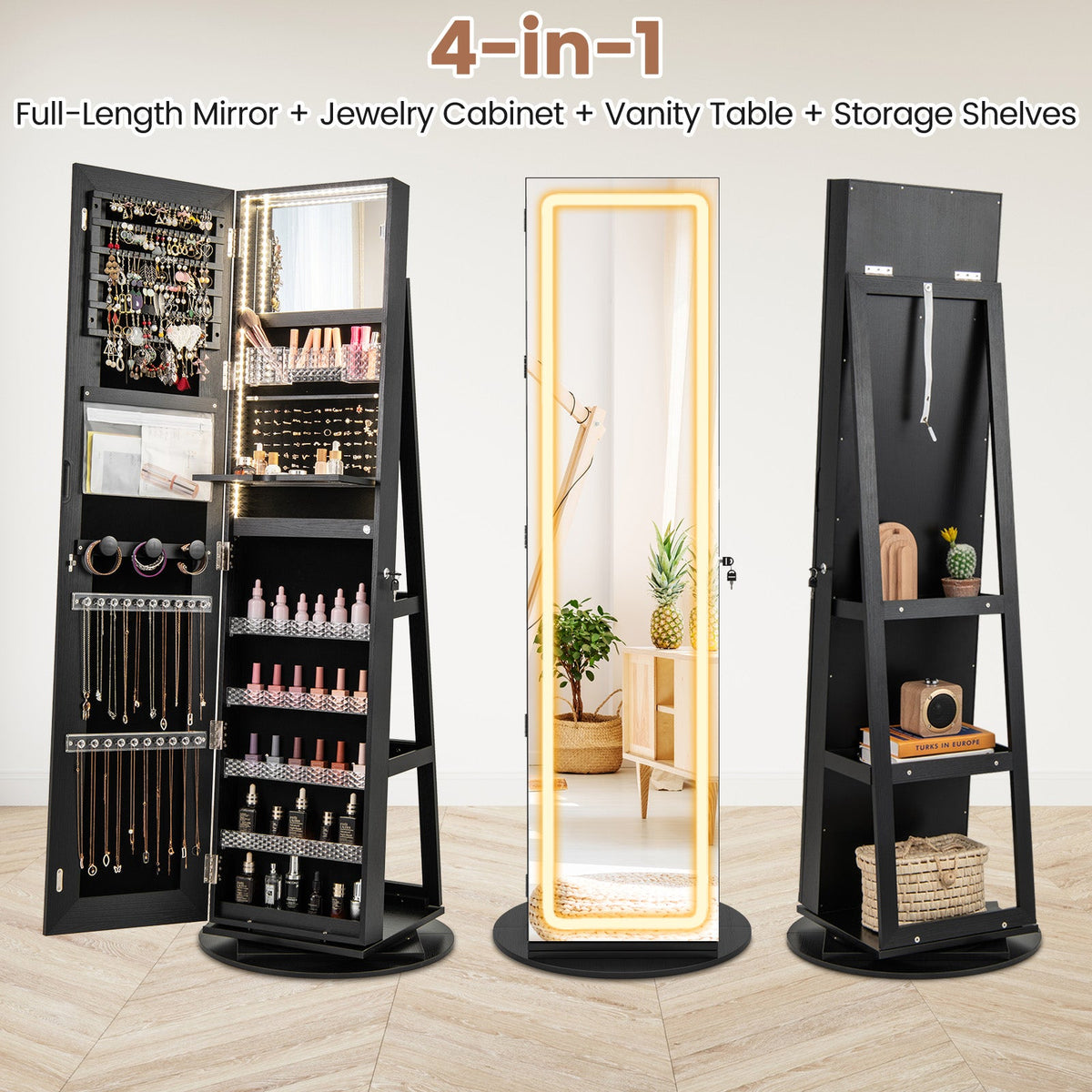 Standing Jewelry Cabinet with Adjustable LED Lights