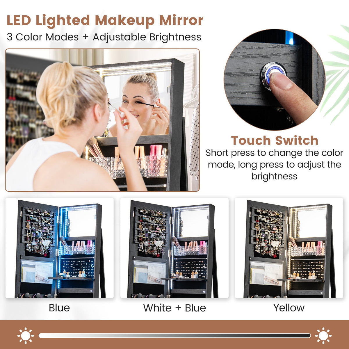 Standing Jewelry Cabinet with Adjustable LED Lights