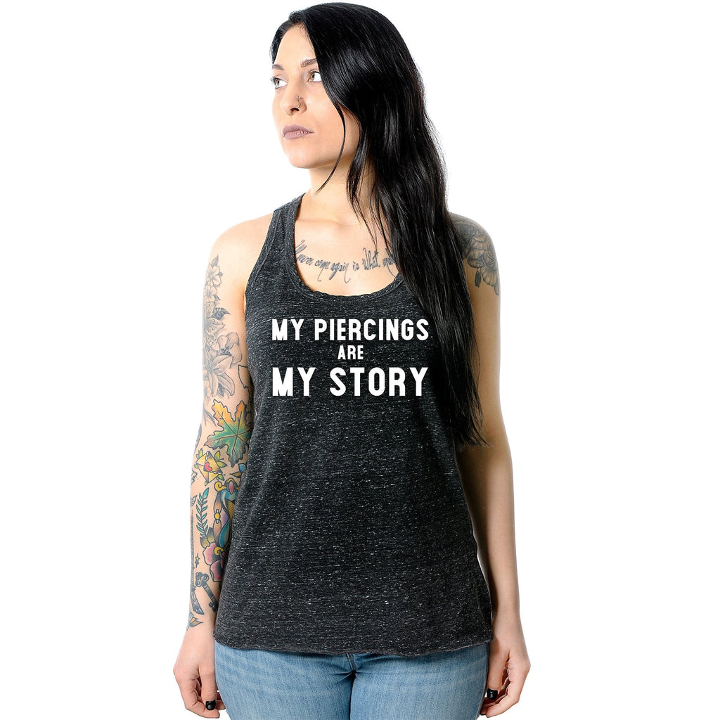 My Piercings Are My Story Black Gray Cosmic Twist Back Tank Top