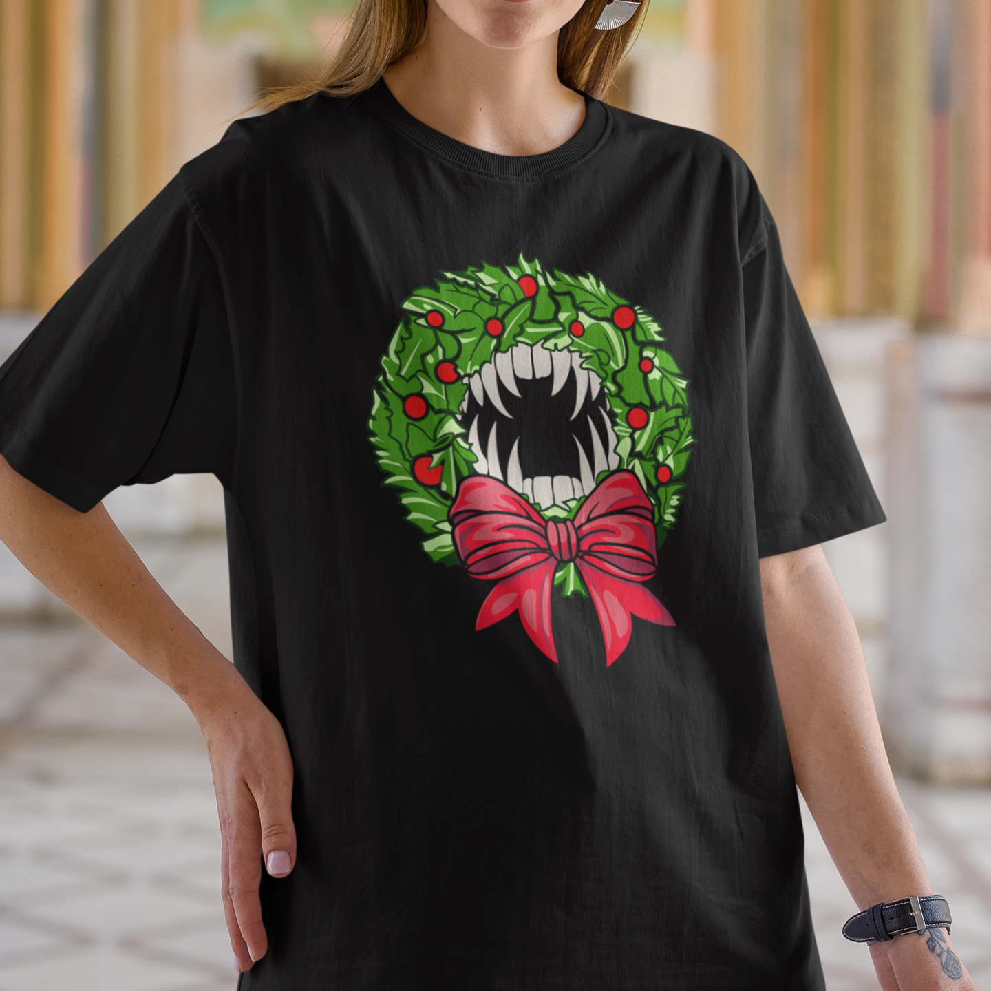 Holiday Vampire Wreath Black Tee Shirt