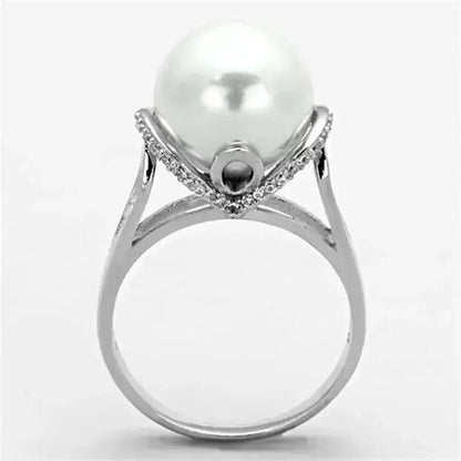 TS154 - Rhodium 925 Sterling Silver Ring with Synthetic Pearl in White
