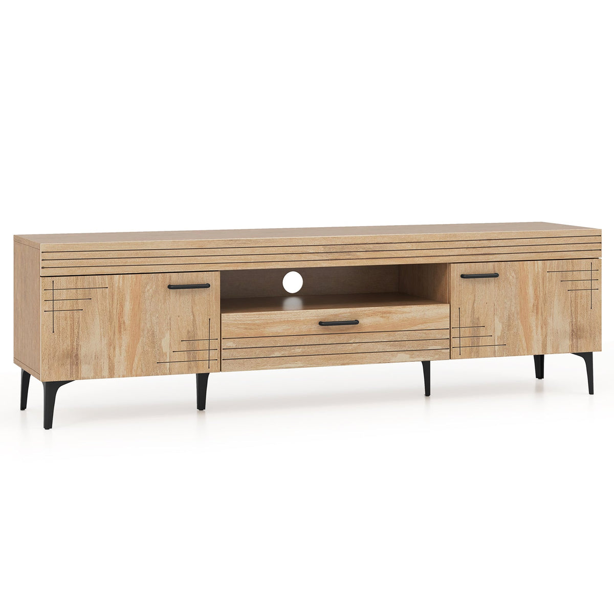 TV Stand with 2 Cabinets and Storage Drawer for 65 Inches TVs-Oak