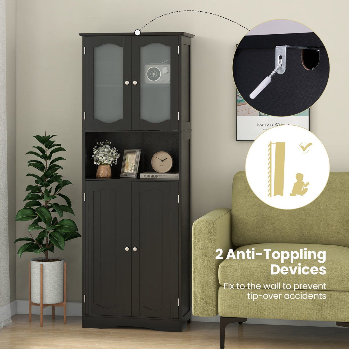 64.5 Inches Tall Bathroom Storage Cabinet with Frost Glass Doors and Shelves