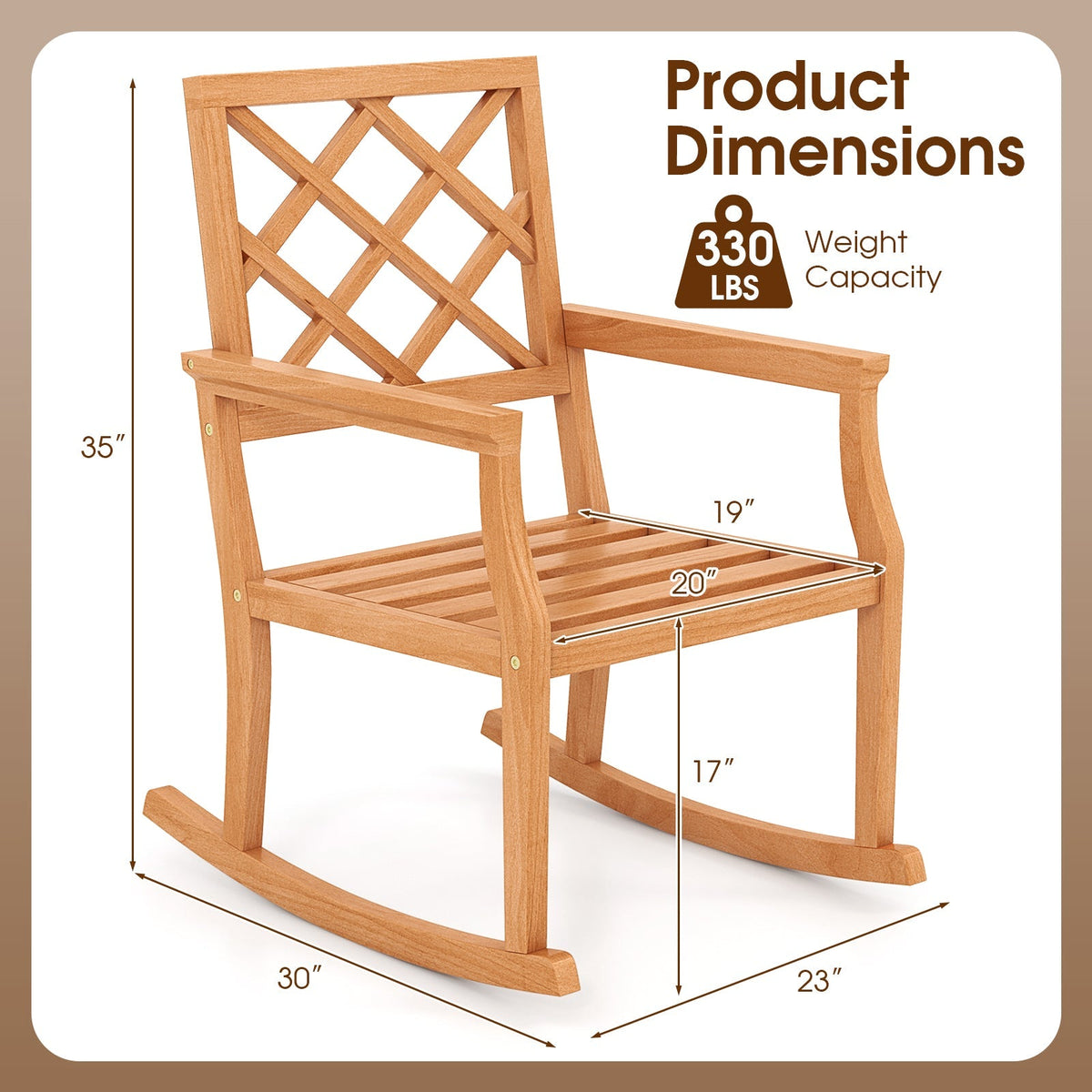 Teak Wood Rocking Chair Oversized Porch Rocker with Backrest and Slatted Seat