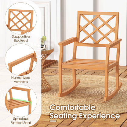 Teak Wood Rocking Chair Oversized Porch Rocker with Backrest and Slatted Seat