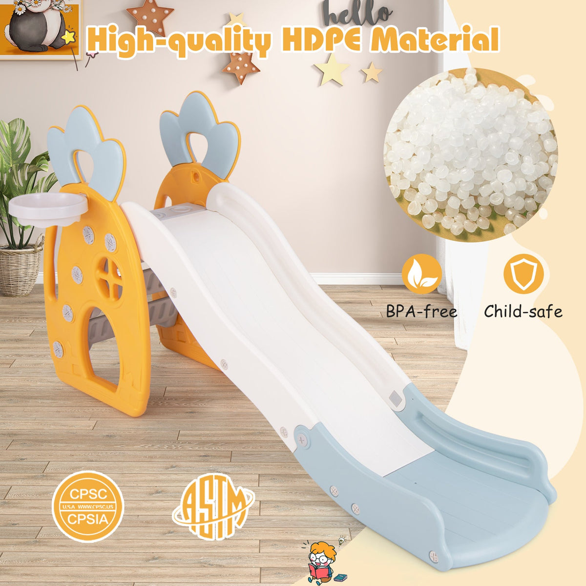 Foldable Slide with Basketball Hoop and Buffer Zone for Kids Aged 3+ Years Old