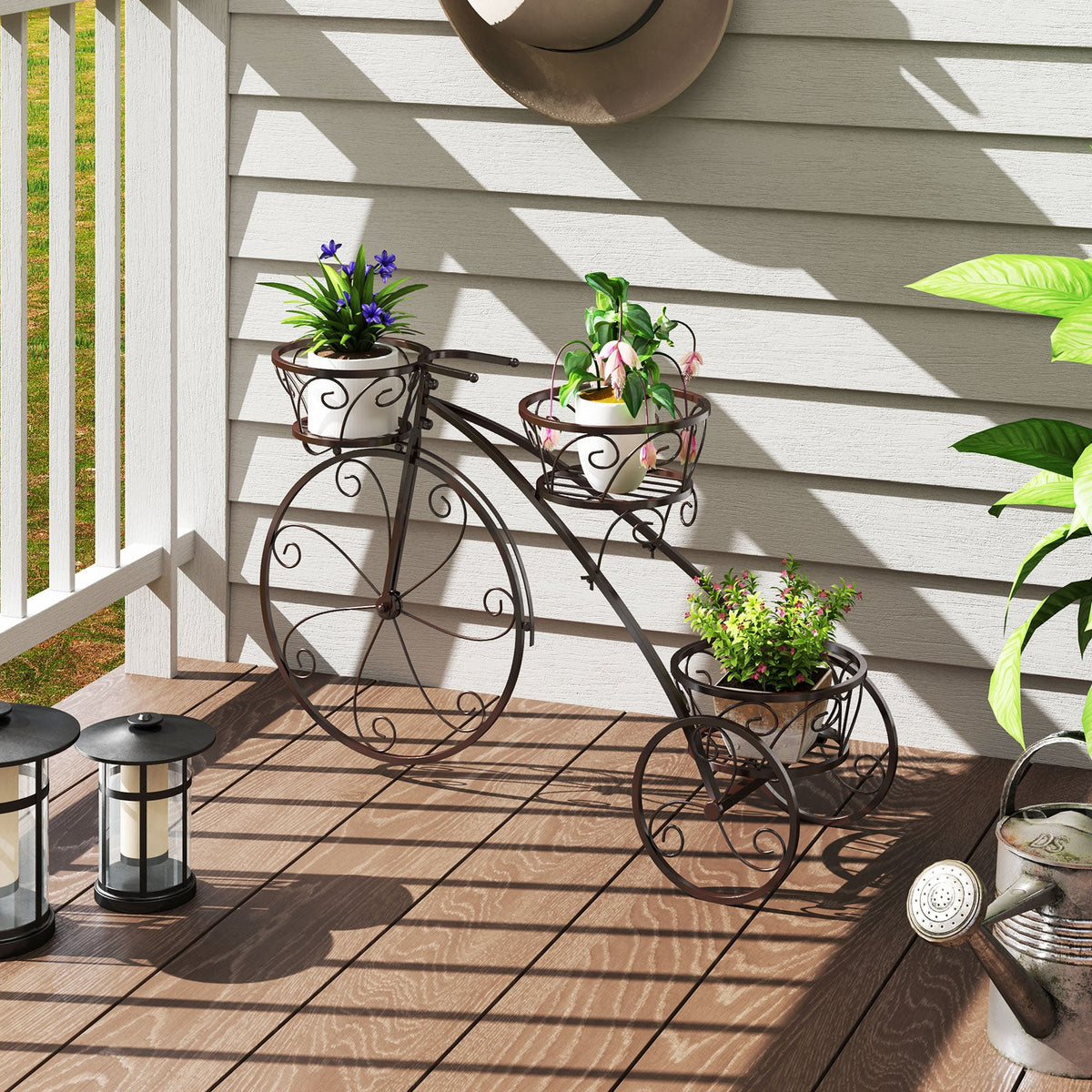 Tricycle Plant Stand Flower Pot Cart Holder with 3 Hollowed Baskets