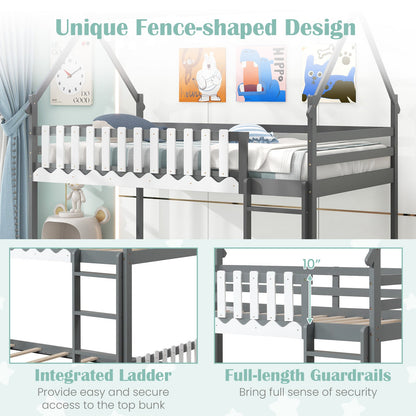 Twin Over Twin Bunk Bed with Fence and Ladder for Kids