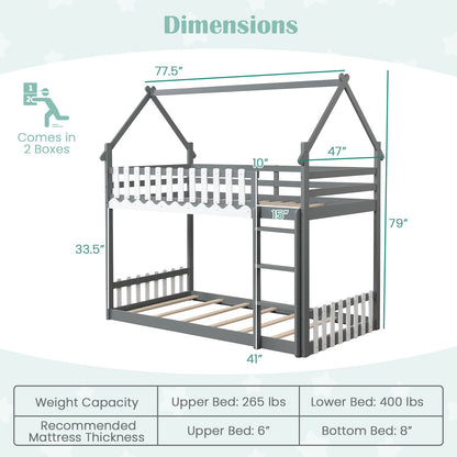 Twin Over Twin Bunk Bed with Fence and Ladder for Kids