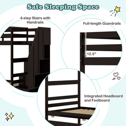 Twin Over Twin Bunk Bed with Storage Stairs and Drawers